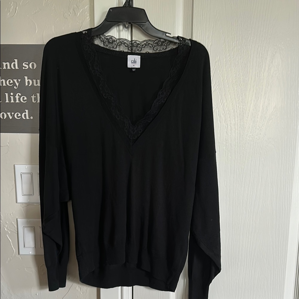 Black Lace Trim V-Neck Sweater by cabi